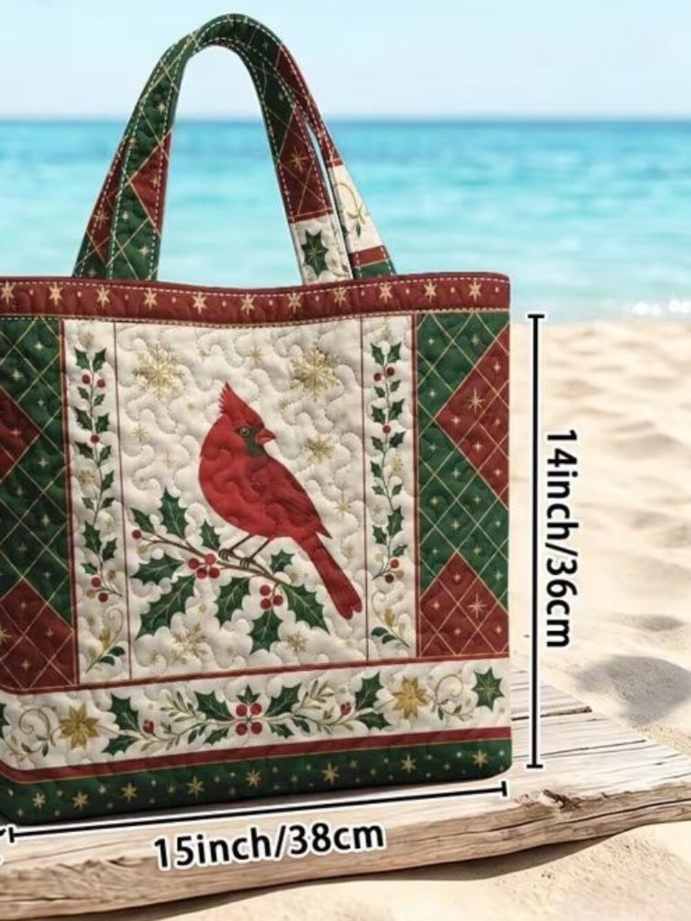 QUILTED CARDINAL & HOLLY TOTE - Picture 2 of 4